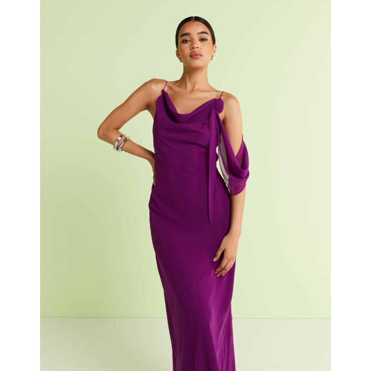 Mango chiffon maxi dress with draped rosette detailing in plum | ASOS