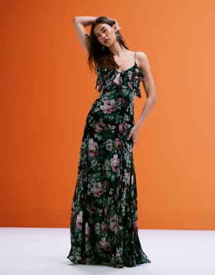 Mango - Chiffon-Maxikleid mit Rüschen und kräftigem Blumenmuster-Blau