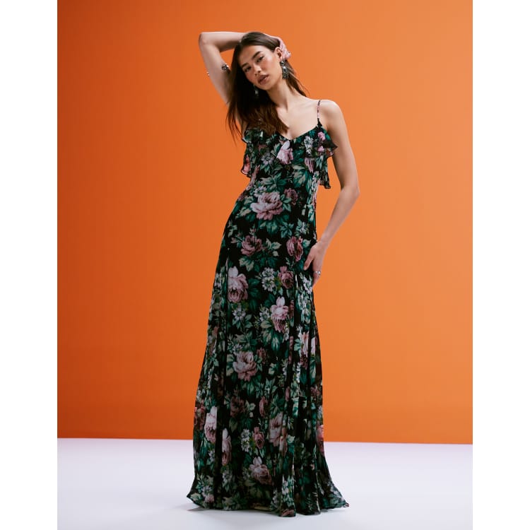 【I AM MARI】Meloning Frill Puff Long One Piece Xkiss French Elegant Floral Chiffon Midi Dress, Long Sleeve