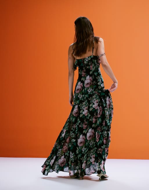 Mango chiffon ruffle maxi dress in deep floral print 