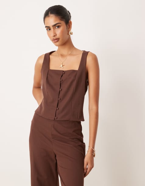 Mango – Chokladbrun, figursydd topp med fyrkantig halsringning och knappar, del av set - view 1