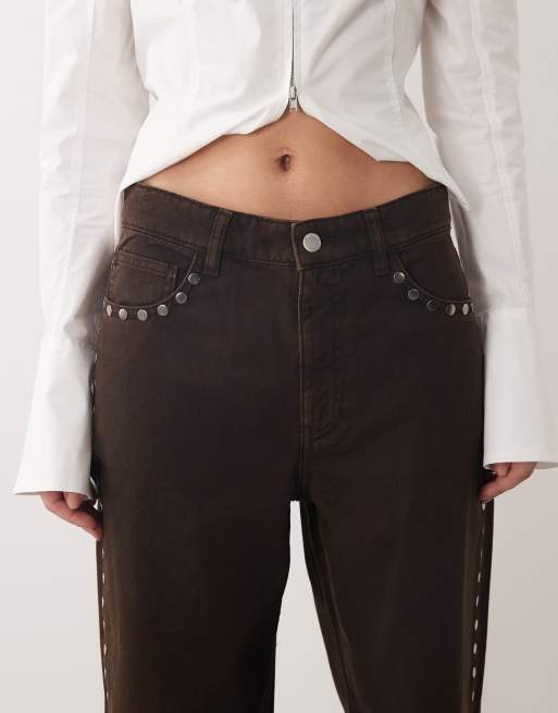 Mango – Chokladbruna jeans i 100% bomull med vida ben och nitar, 4 av 5