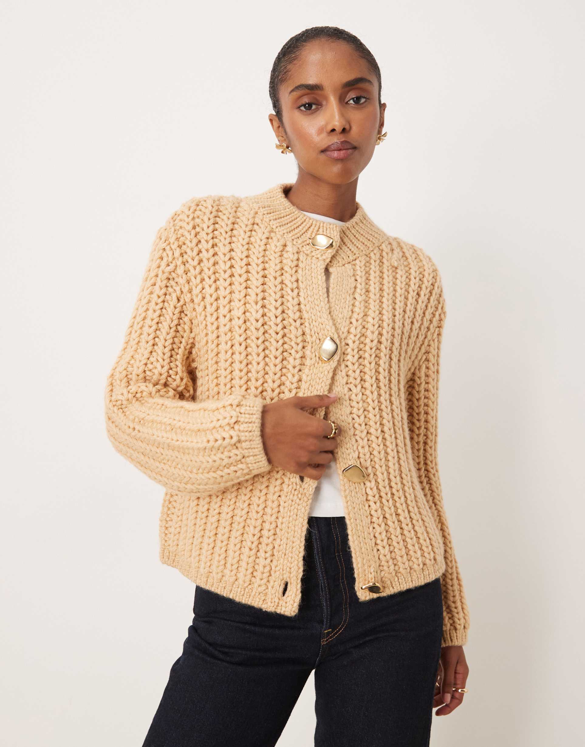 mango chunky cardigan with statement buttons in beige