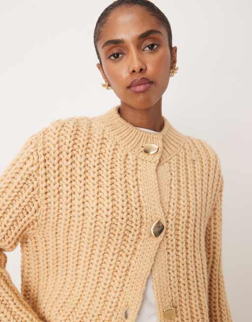 Mango chunky cardigan with statement buttons in beige | ASOS