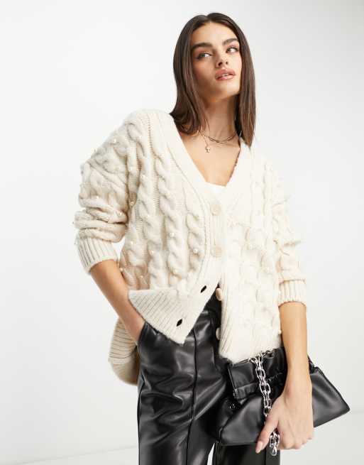 Mango chunky knit cardigan with faux pearls in cream