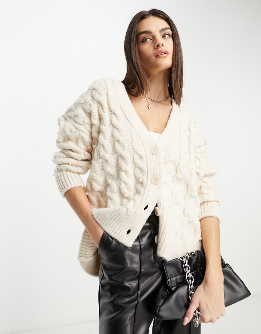 Mango chunky knitted cardigan with faux pearls in cream-White