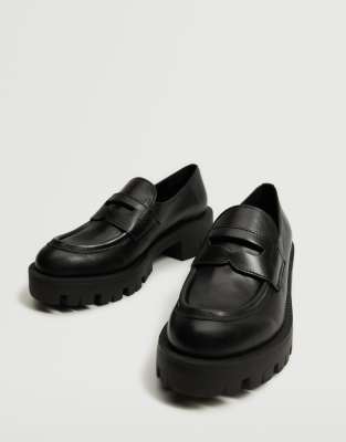 Mango chunky leather flat loafers in black