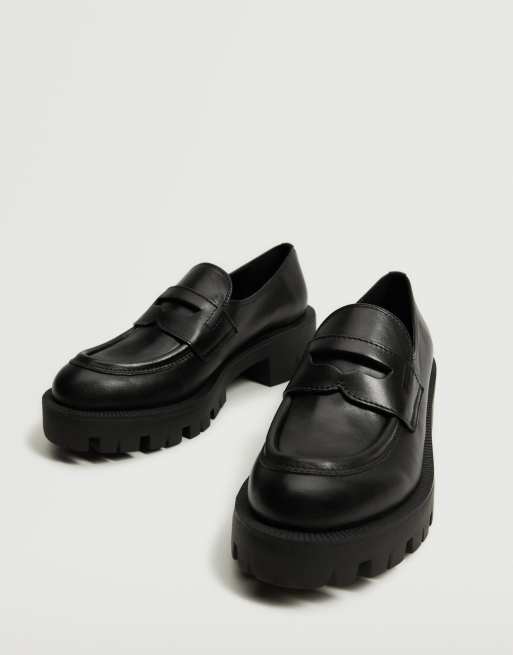 Mango chunky leather flat loafers in black | ASOS