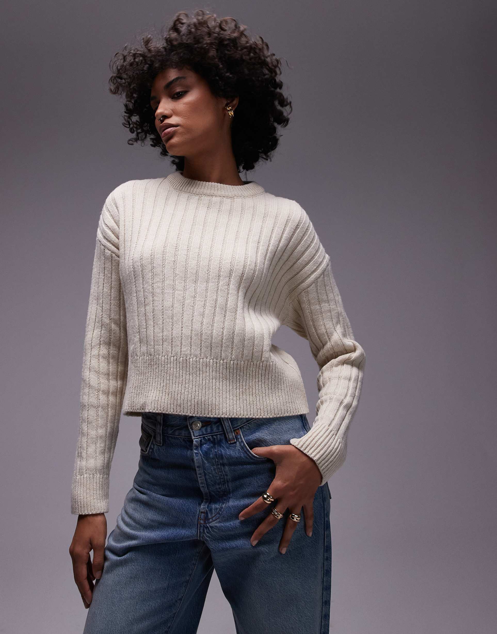 mango chunky ribbed round neck sweater in oatmeal