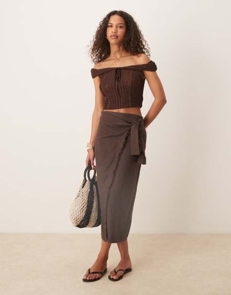 Mango linen wrap skirt to dark brown