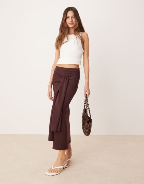 Mango gathered tie waist detail skirt in dark brown