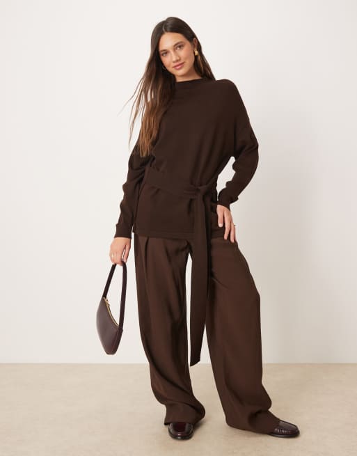 Mango – Ciemnobrązowy dzianinowy sweter z golfem i wiązaniem w talii, 3 z 4