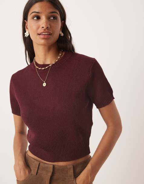 Mango short sleeve knitted top in dark red