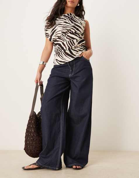 Mango linen mix denim look elasticated waist wide leg trouser in dark blue