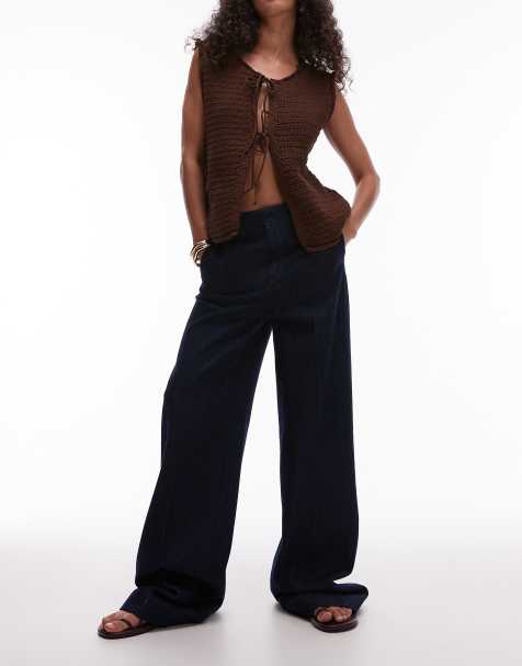 Mango elasticated waist wide leg trouser in dark blue