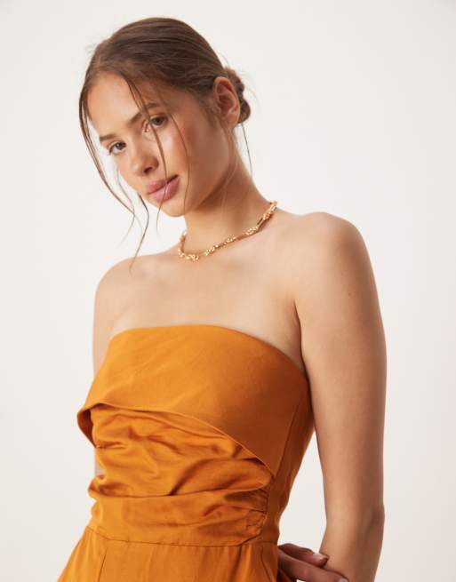 Mango – Ciemnopomarańczowy kombinezon z dekoltem bandeau z domieszką lnu, 3 z 4