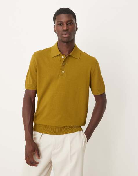 Mango knitted button detail polo top in dark green   