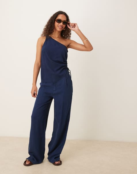 Mango cinched denim top and wide leg trouser co-ord in indigo - view 1