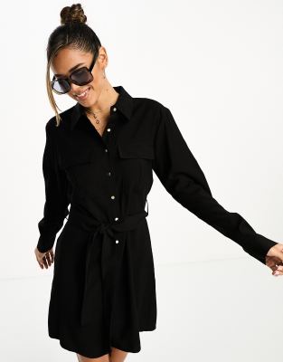 Mango cinched tie waist shirt dress in black