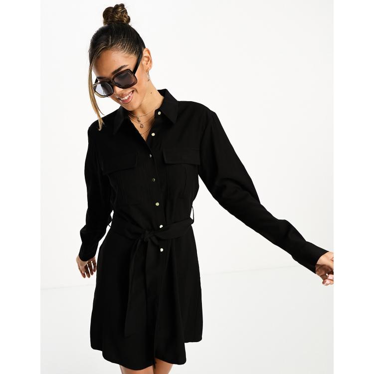 Mango cinched tie waist shirt dress in black