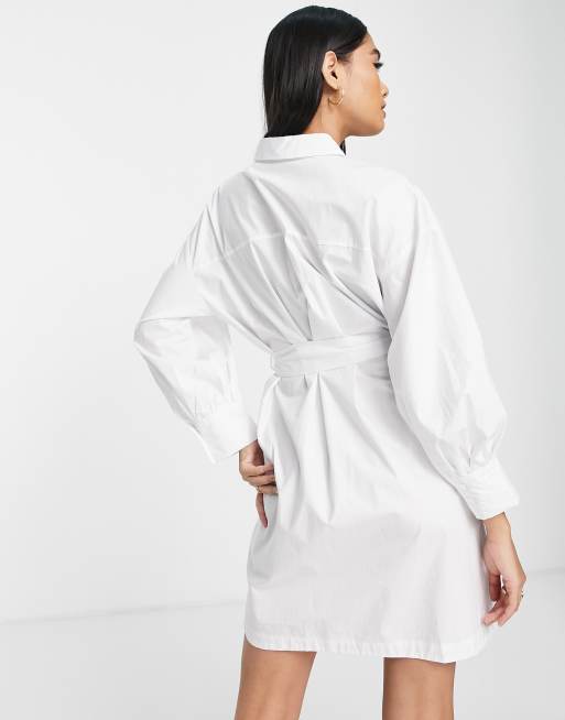 Mango cinched tie waist shirt dress in white