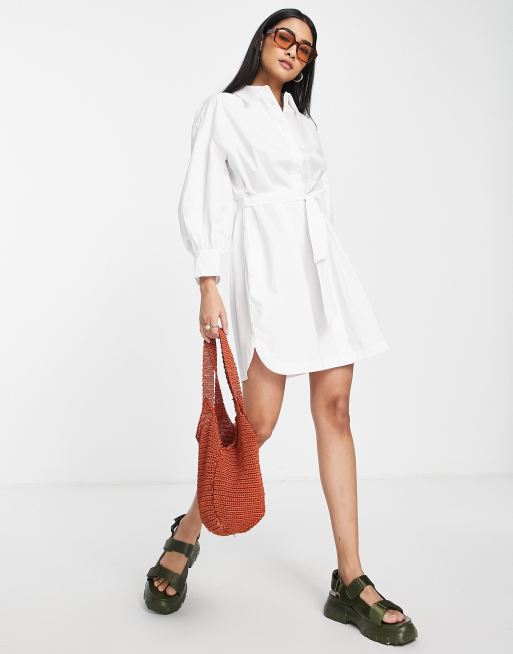 Mango cinched tie waist shirt dress in white