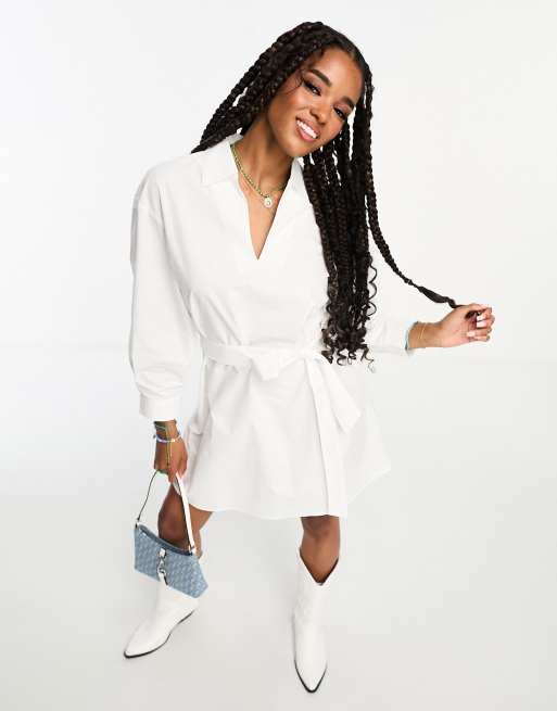 Mango cinched tie waist shirt dress in white