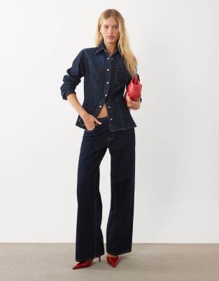 Mango Cinched Waist Denim Shirt In Blue