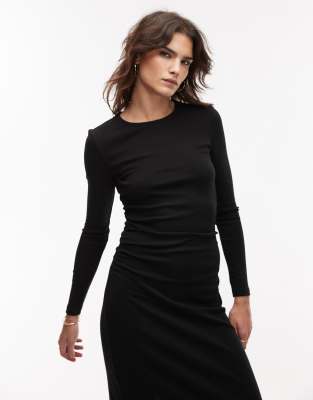 cinched waist fine knit midi dress in black