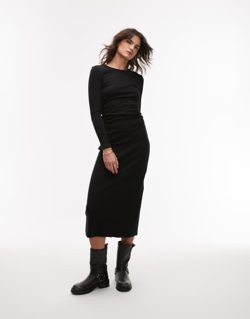 Mango cinched waist fine knit midi dress in black | ASOS