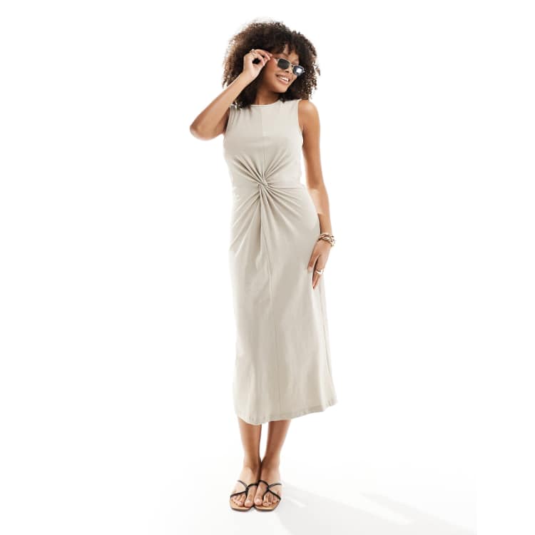 Mango cinched waist jersey dress in beige | ASOS