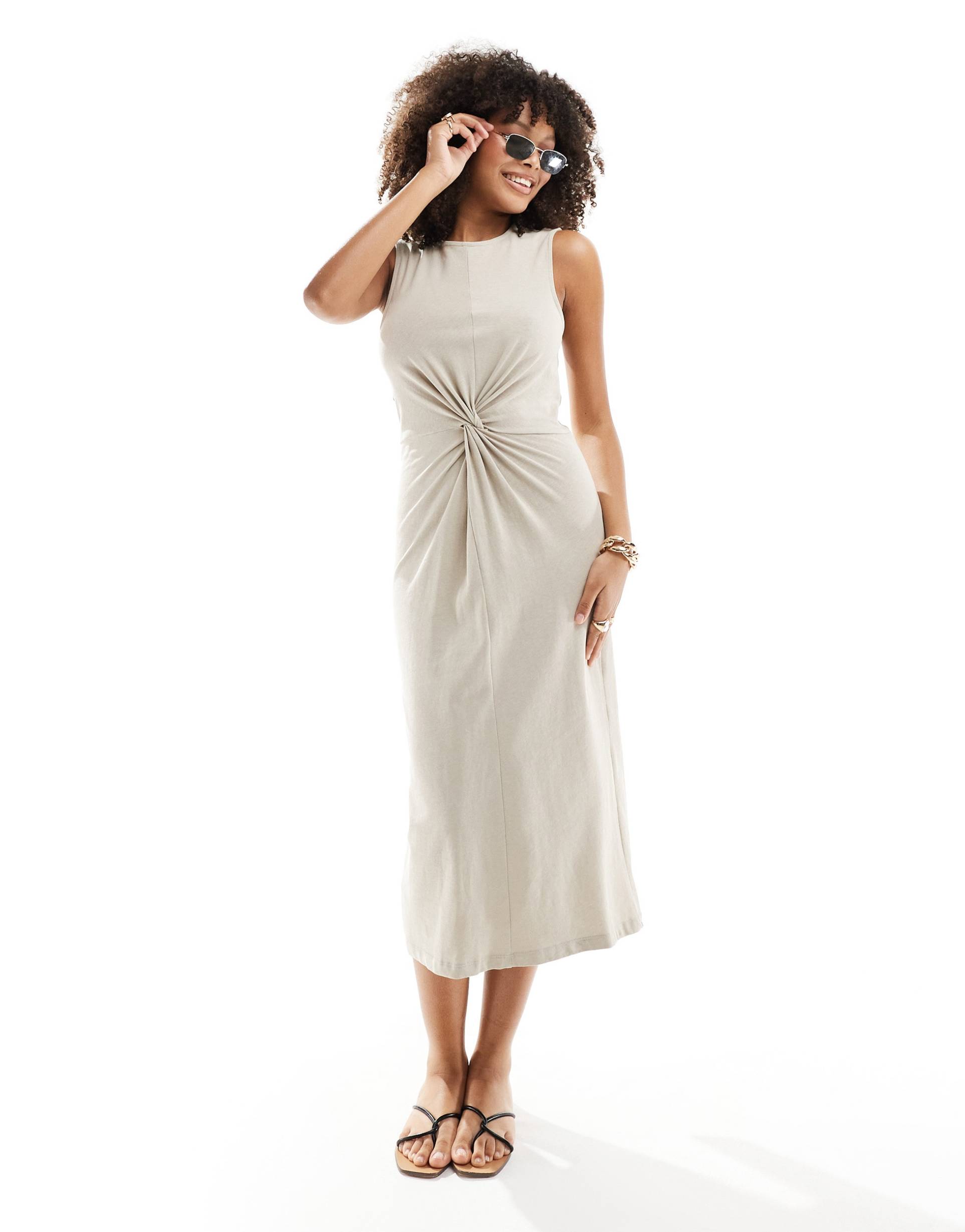 mango cinched waist jersey dress in beige