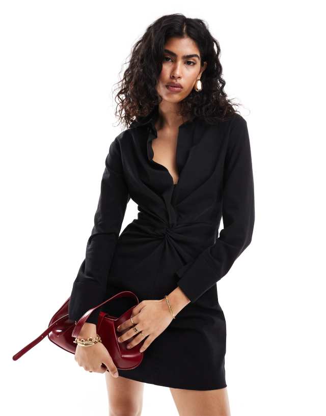 Mango - cinched waist long sleeve dress in black