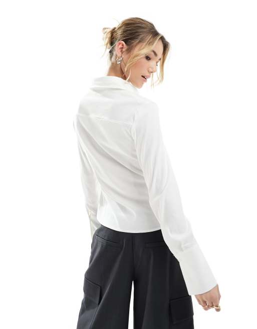 Mango cinched waist long sleeve shirt in off white