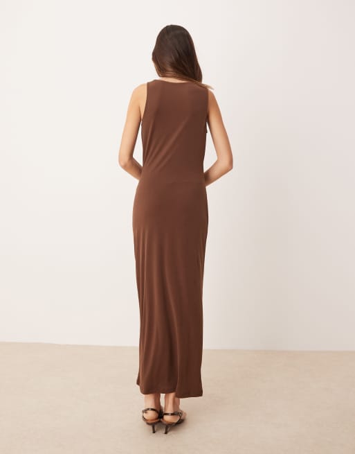 Mango cinched waist maxi dress with gold accent shoulder in chocolate brown  | ASOS