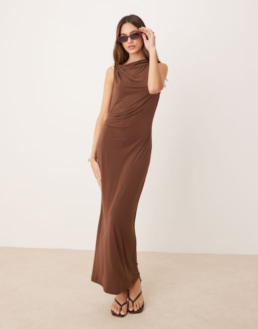 Mango cinched waist maxi dress with gold accent shoulder in chocolate brown  | ASOS