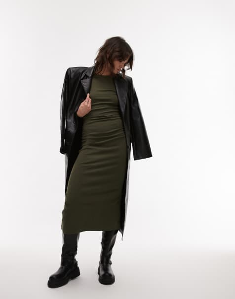 Mango cinched waist maxi long sleeve dress in dark green - view 1