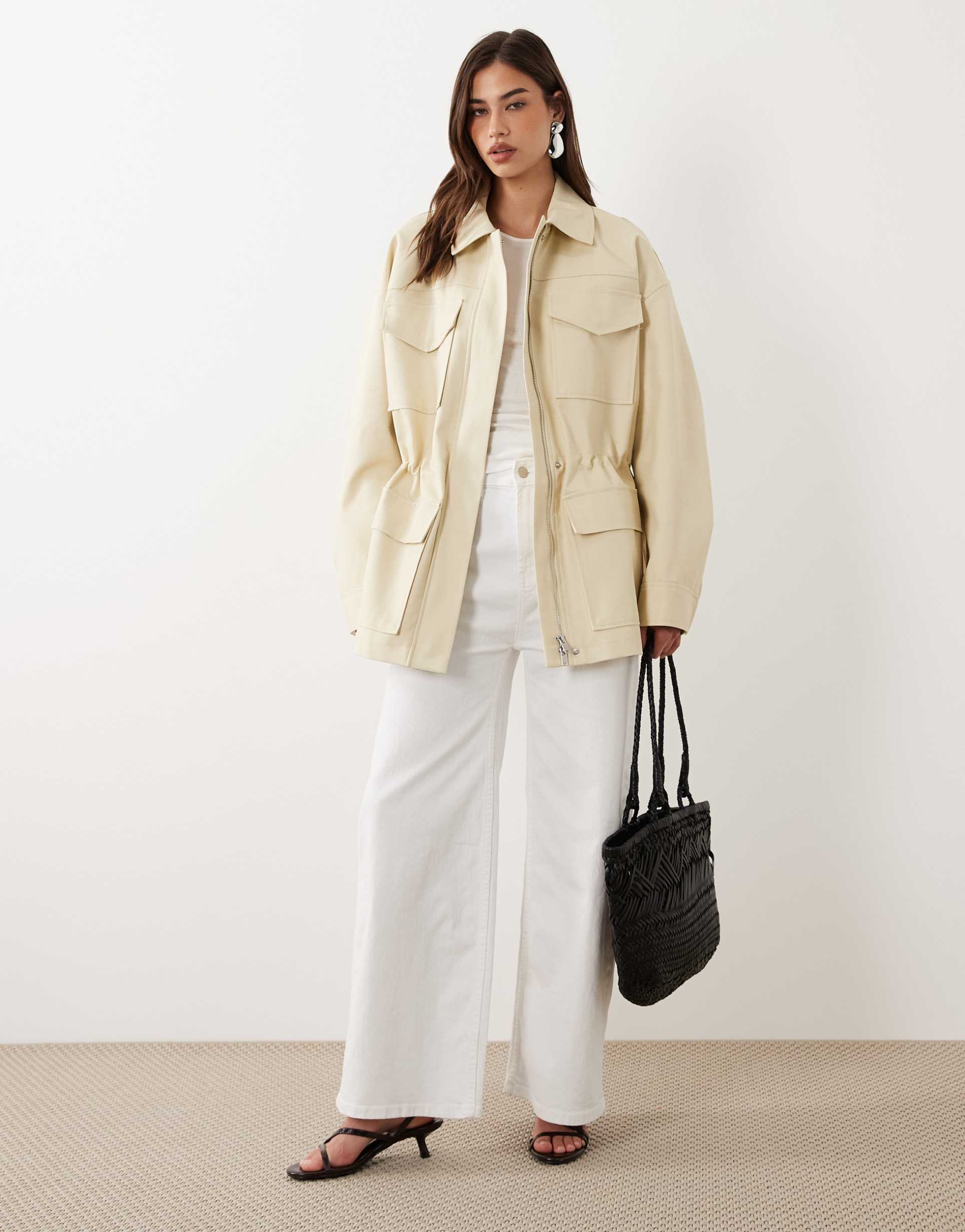 mango cinched waist parka jacket in beige