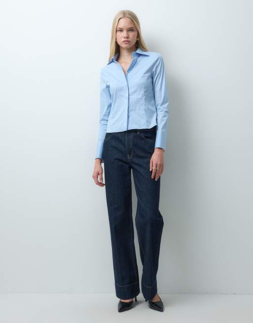 Mango cinched waist shirt in sky blue, 3 of 4