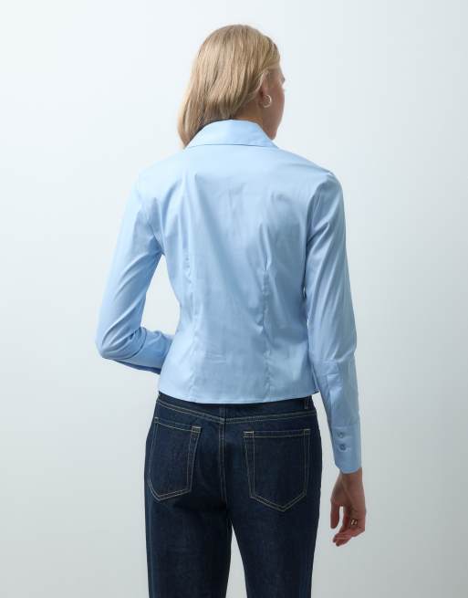 Mango cinched waist shirt in sky blue, 4 of 4