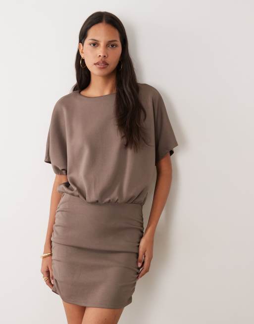 Mango cinched waist short sleeve mini dress in brown, 2 of 4