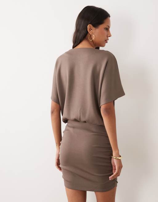 Mango cinched waist short sleeve mini dress in brown, 3 of 4