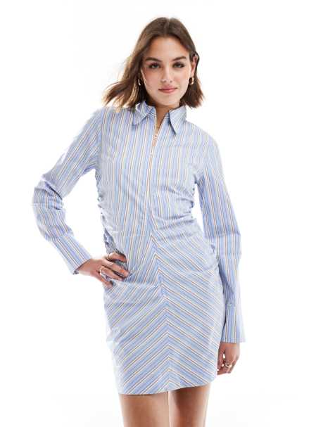 Mango cinched waist stripe mini dress in blue - view 1
