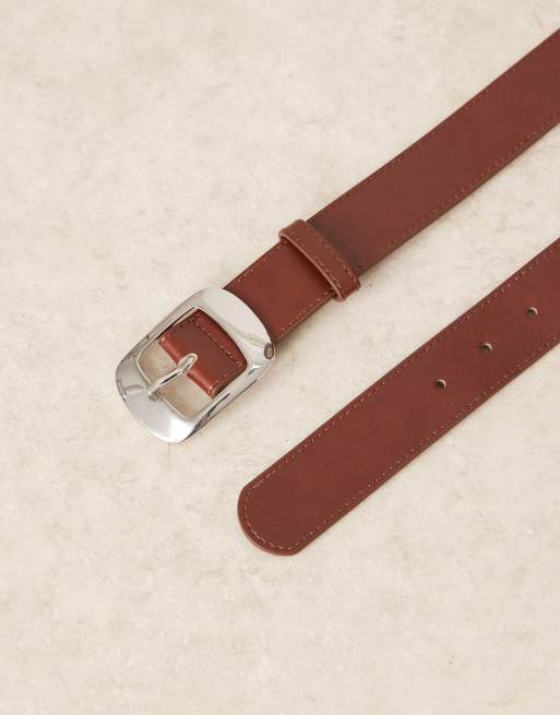 Mango - Cintura in pelle sintetica marrone con fibbia argentata ovale, 2 di 3