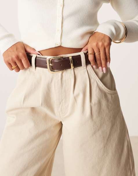 Mango - Cintura in pelle sintetica marrone con fibbia oversize dorata - view 1