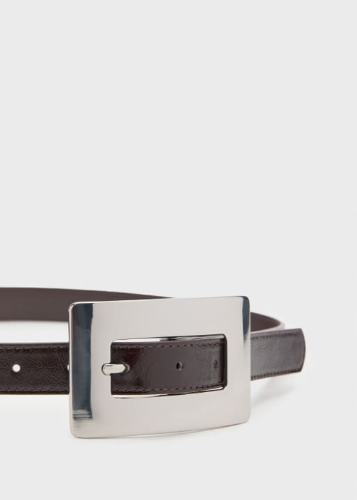 Mango - Cintura in pelle sintetica marrone scuro con fibbia oversize rettangolare argentata, 3 di 3
