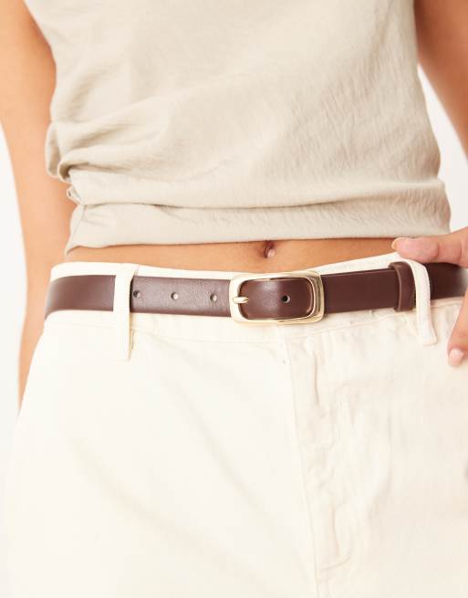 Mango - Cintura slim marrone scuro con fibbia color oro rettangolare