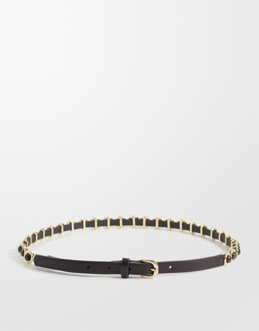 Mango - Cintura sottile in pelle sintetica marrone con dettagli in metallo