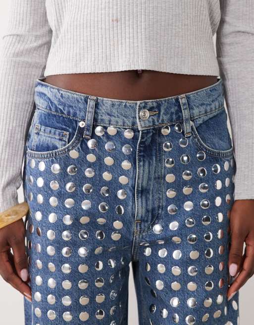 Mango Circle 100% cotton straight jeans with discs in mid blue, 5 of 5