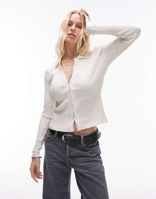 Mango clasp detail deep v-neck jumper in white